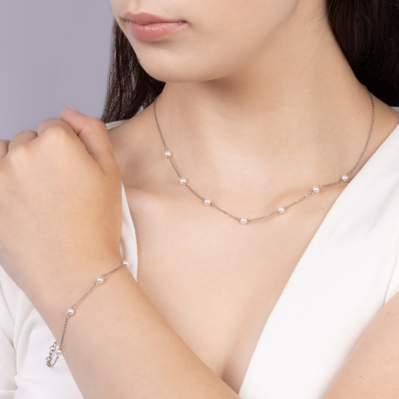 Naszyjnik srerbny z perłami jubilerskimi/rolo PW565 ROD próba 925