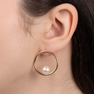 Kolczyki pozłacane biała perła na kole 23 mm/sztyft M3-029 GOLD próba 925