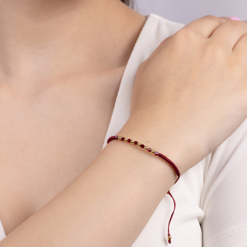 Bransoleta pozłacana z bordowymi kryształkami i grawerowanymi kulkami VJ 77-1-1-G kryształ bordo próba 925