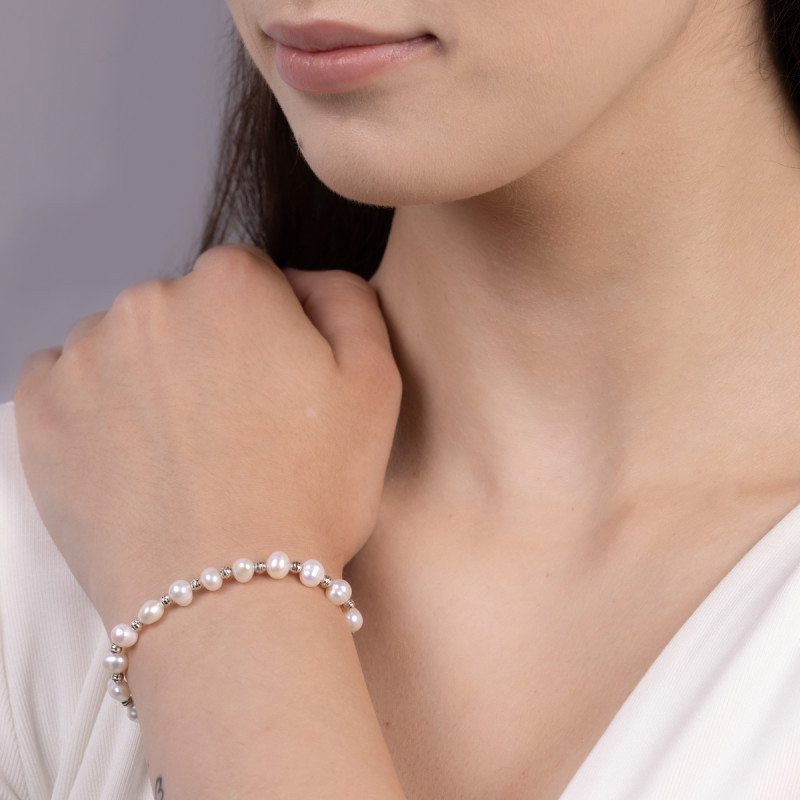 Bransoleta srebrna z perłami i grawerowanymi kulkami VJ 52-R perła próba 925