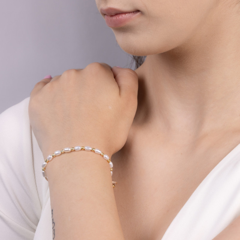 Bransoleta pozłacana z perłami i grawerowanymi kulkami VJ 53-G perła próba 925