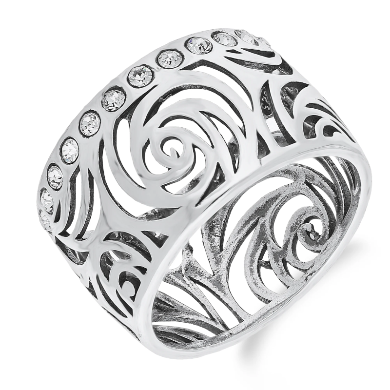 Pierścionek srebrny szeroki róże i białe cyrkonie SZ163 próba 925