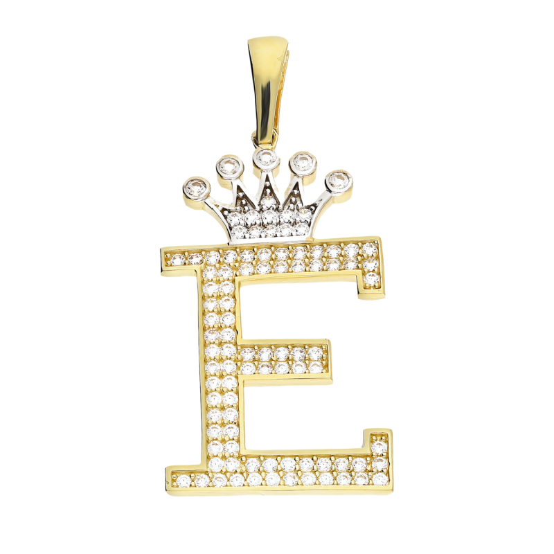 Literka złota E z koroną i białymi cyrkoniami LP 34U15-LT315-YW próba 585