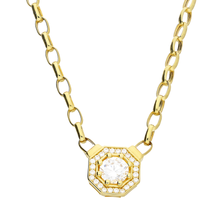Naszyjnik złoty ośmiokąt z białymi cyrkoniami na łańcuszku rolo