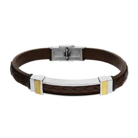 Bransoleta męska prostokąt z pozłacanymi paskami na brązowej plecionce EX BRX1631 BROWN