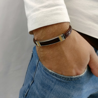 Bransoleta męska prostokąt z pozłacanymi paskami na brązowej plecionce EX BRX1631 BROWN