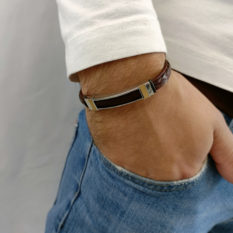 Bransoleta męska prostokąt z pozłacanymi paskami na brązowej plecionce EX BRX1631 BROWN