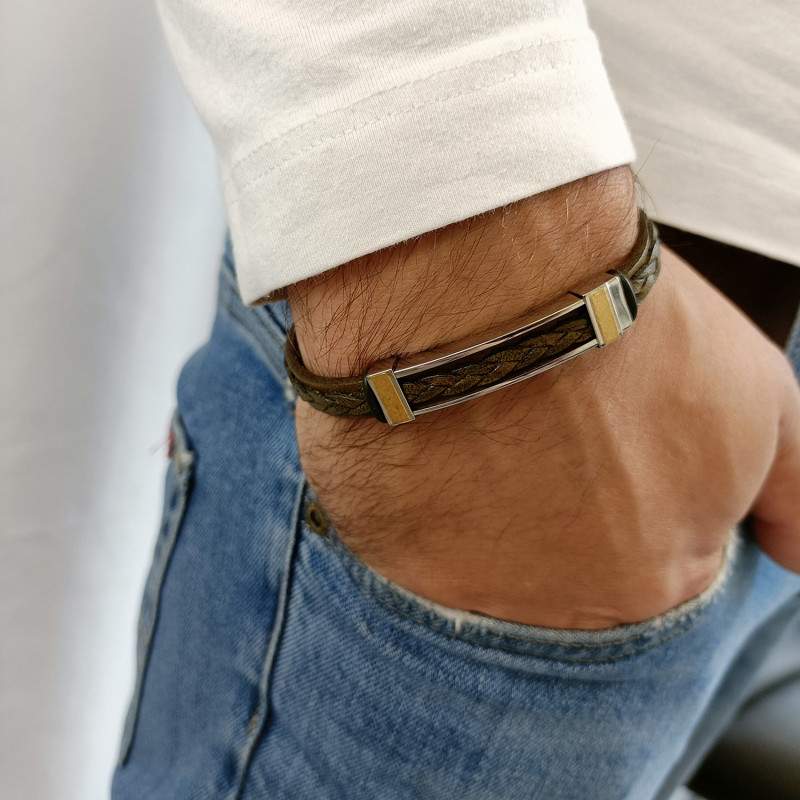 Bransoleta męska prostokąt z pozłacanymi paskami na zielonej plecionce EX BRX1631 GREEN