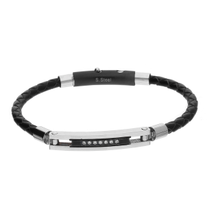 Bransoleta męska prostokąt z białymi cyrkoniami na czarnej plecionce EX BRX898N BLACK