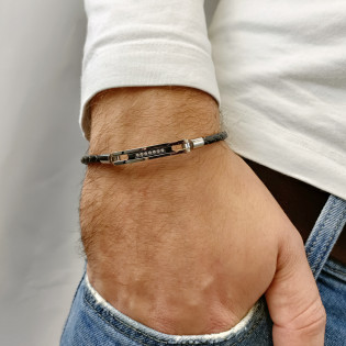 Bransoleta męska prostokąt z białymi cyrkoniami na czarnej plecionce EX BRX898N BLACK