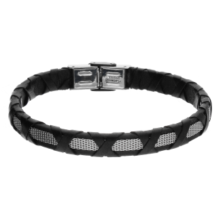 Bransoleta męska siatka i kształt X na skórzanym pasku EX BRX1567N BLACK