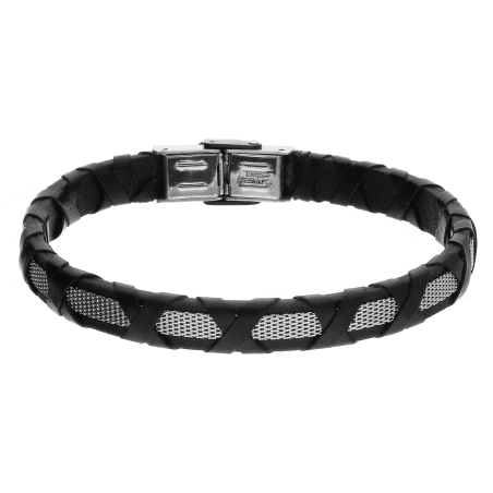 Bransoleta męska siatka i kształt X na skórzanym pasku EX BRX1567N BLACK