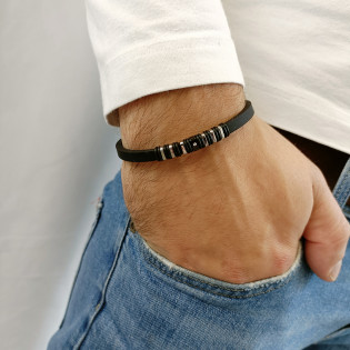 Bransoleta męska srebrne i czarne blaszki z cyrkonią  EX BRX1908
