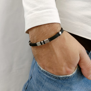 Bransoleta męska srebrne i czarne blaszki na kauczuku EX BRX1710A