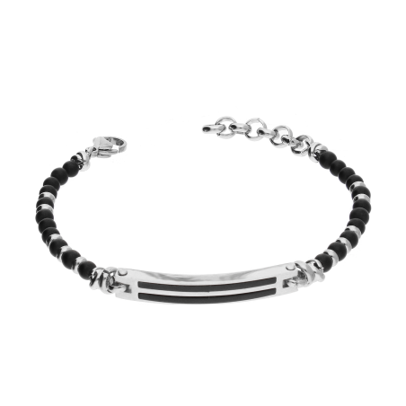 Bransoleta męska blaszka z czarnymi paskami oraz czarne kulki EX BRX1004N BLACK