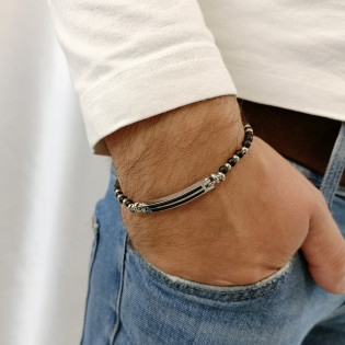 Bransoleta męska blaszka z czarnymi paskami oraz czarne kulki EX BRX1004N BLACK