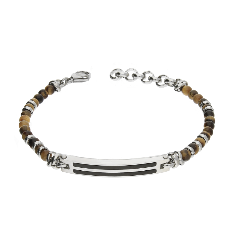 Bransoleta męska blaszka z czarnymi paskami oraz brązowe kulki EX BRX1004M BROWN
