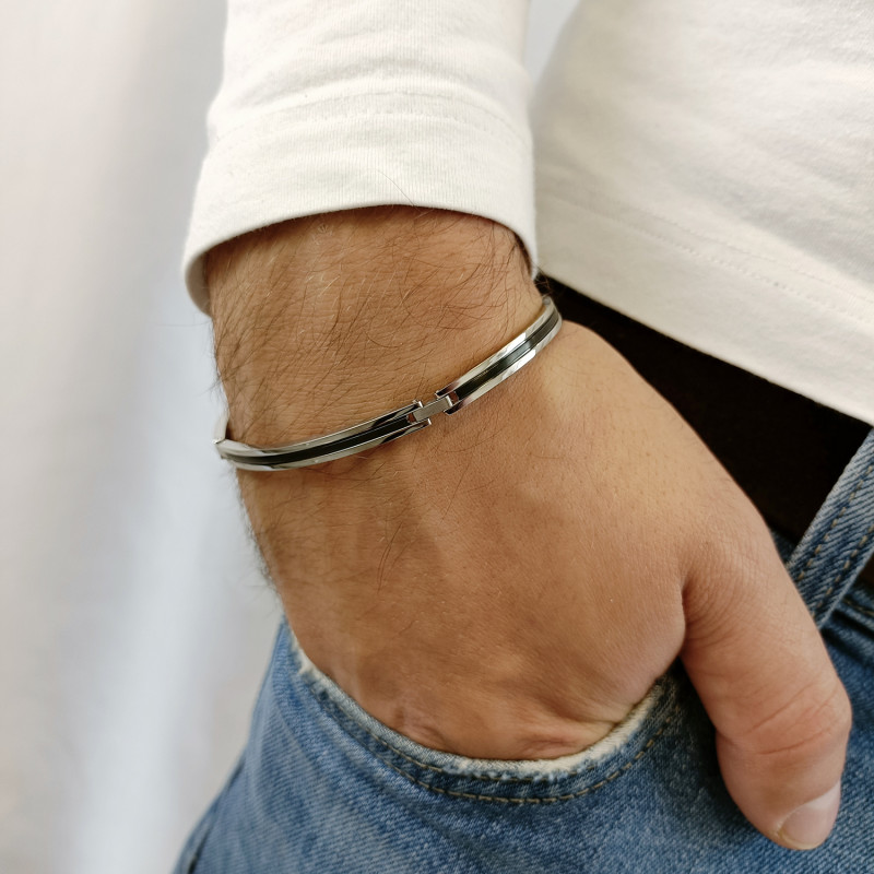 Bransoleta męska trzy blaszki z czarnymi paskami