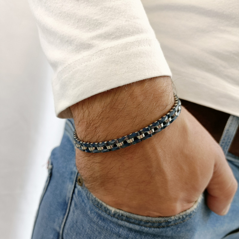 Bransoleta męska płotek z niebieską ceramiką EX BRX1875B