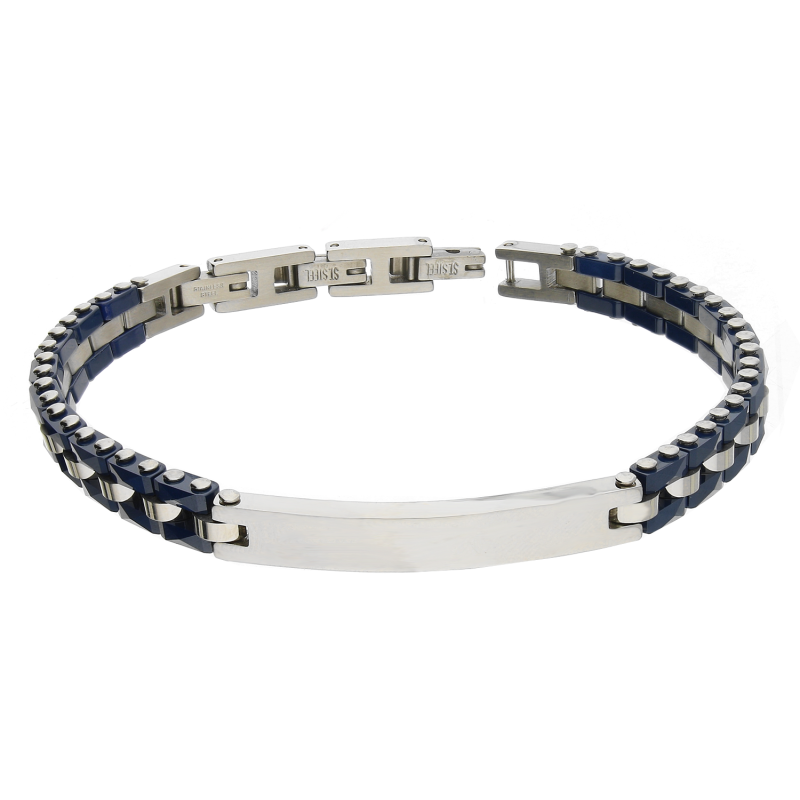 Bransoleta męska gładka blaszka i płotek z niebieską ceramiką EX BRX1879B