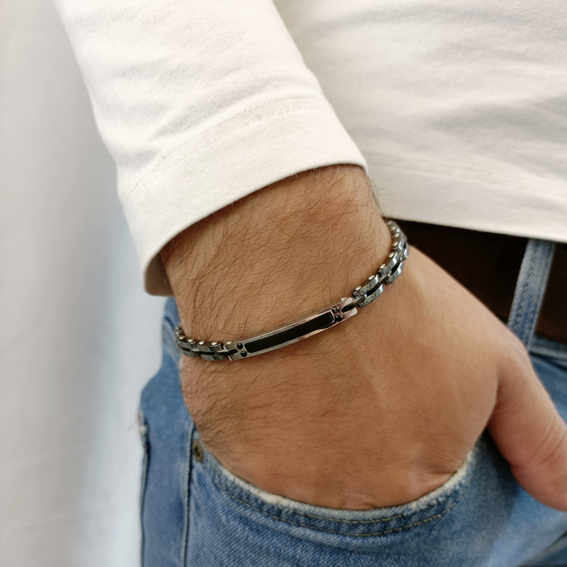 Bransoleta męska blaszka z czarnym paskiem i płotek EX BRX1836