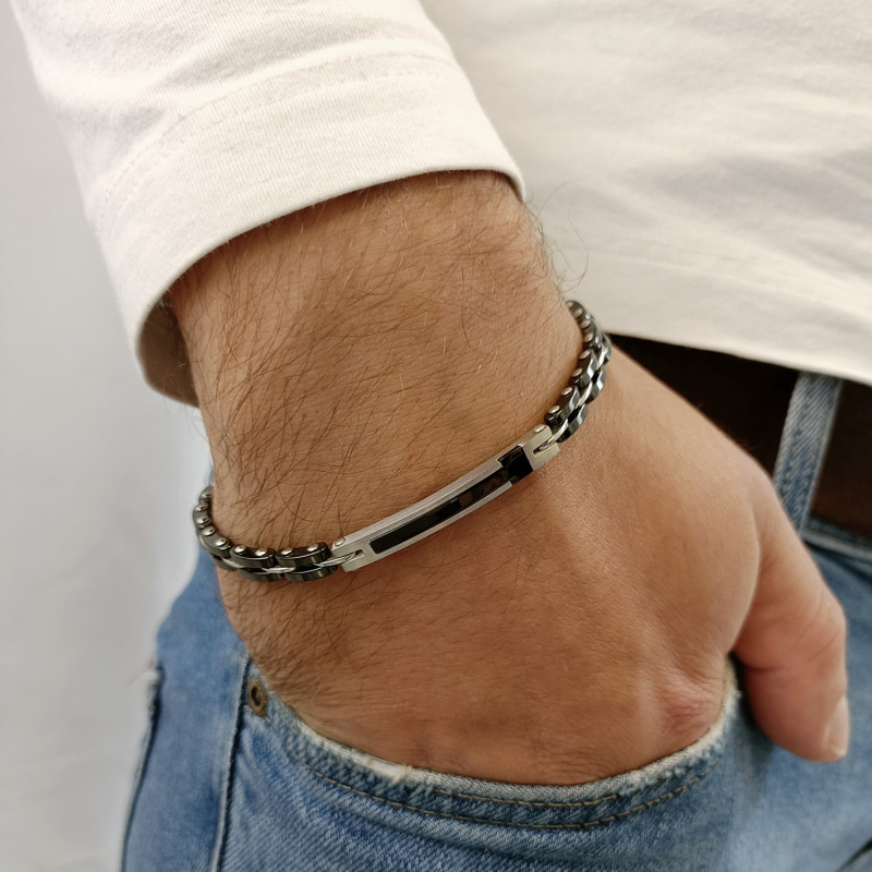 Bransoleta męska blaszka z czarną literą i płotek z czarną ceramiką EX BRX674