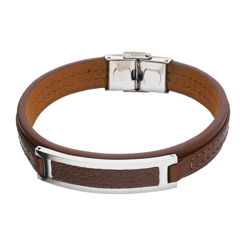 Bransoleta męska otwarta blaszka na brązowym skórzanym pasku