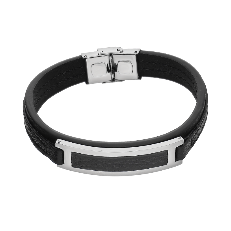 Bransoleta męska otwarta blaszka na skórzanym pasku EX BRX1770N BLACK