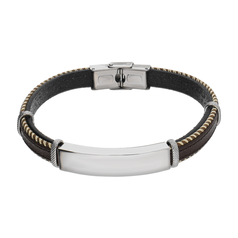 Bransoleta męska gładka blaszka na brązowym pasku EX BRX1911M BROWN