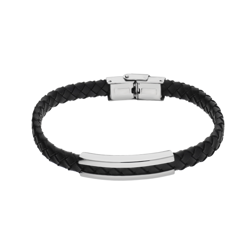 Bransoleta męska nakładana stalowa blaszka na czarnym skórzanym pasku
