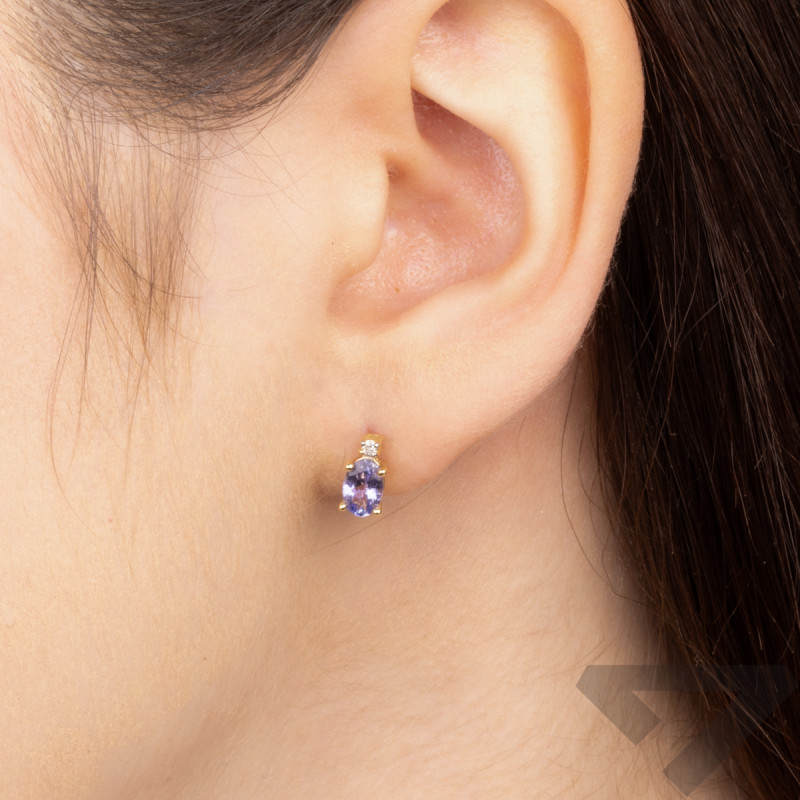 Kolczyki złote z tanzanitem i diamentami/sztyft BE KO-001 TA owal próba 585