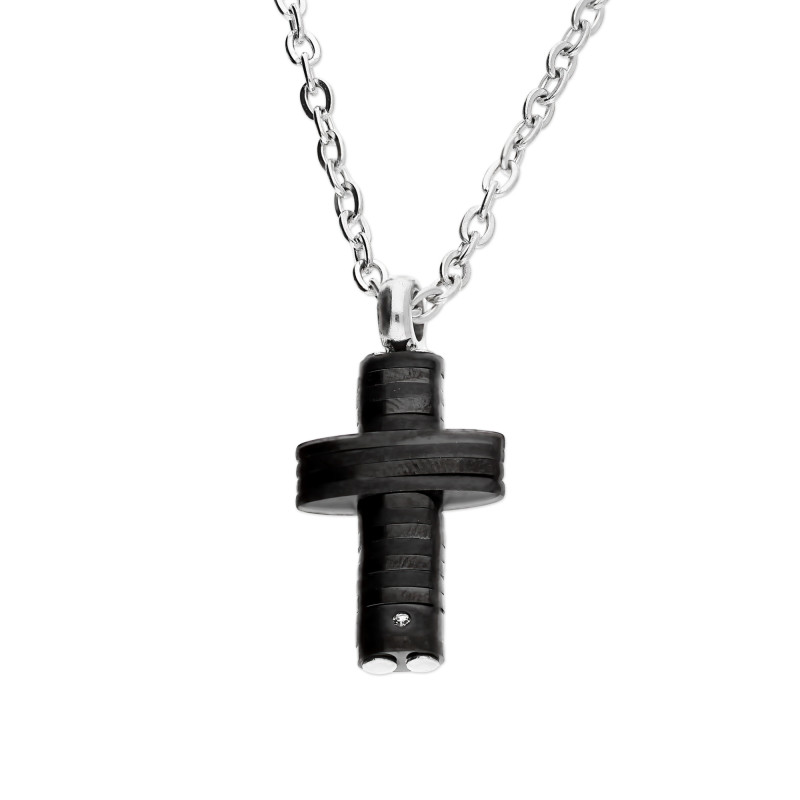 Naszyjnik męski czarny krzyżyk z białą cyrkonią na łańcuszku rolo