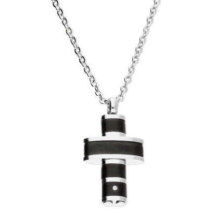 Naszyjnik męski srebrno-czarny krzyżyk z cyrkonią