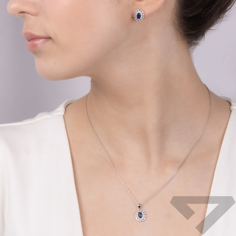 Komplet srebrny kolczyki i zawieszka owalna markiza z szafirową cyrkonią AT546 szafir próba 925
