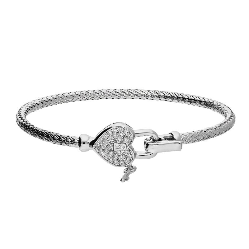 Bransoleta srebrna bangla pleciona serce z kłódką z cyrkoniami PW503 ROD próba 925