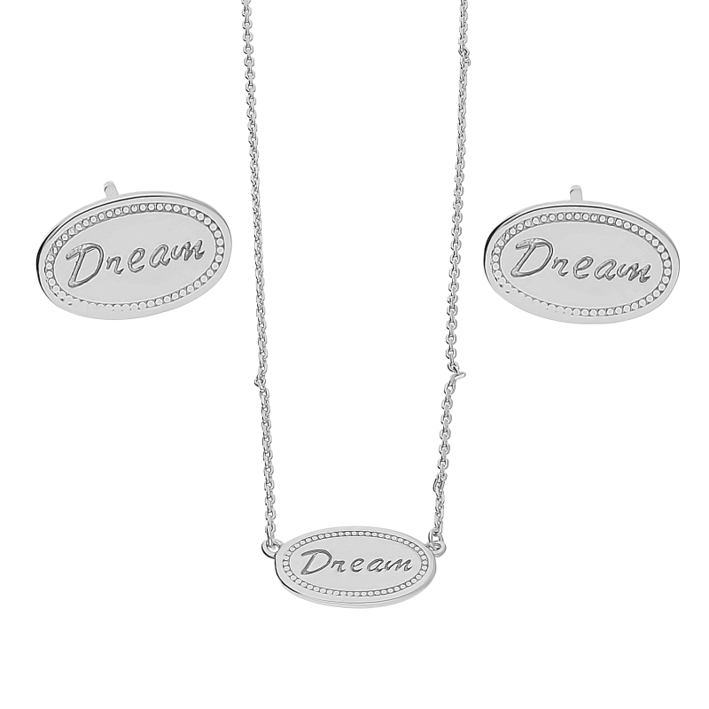 Komplet srebrny kolczyki i naszyjnik owal z napisem DREAM  JA1117 ROD próba 925