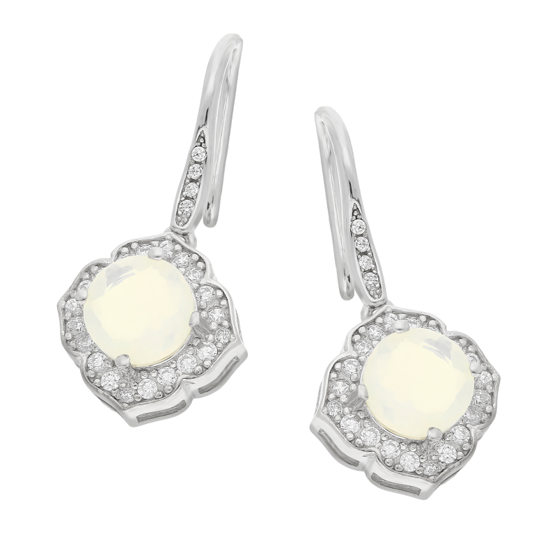 Kolczyki srebrne kwadratowa markiza z cyrkoniami i biały opal/bigiel  PA037 próba 925
