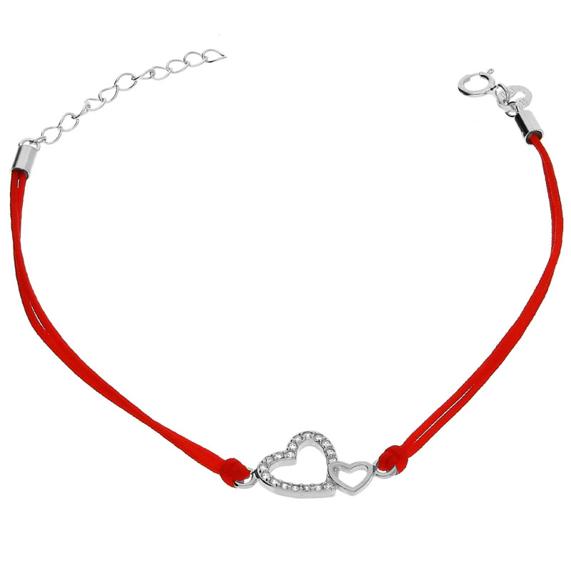 Bransoleta srebrna serce z cyrkoniami i małe serce na czerwonym sznurku PW NEW 291 ROD czerwony próba 925
