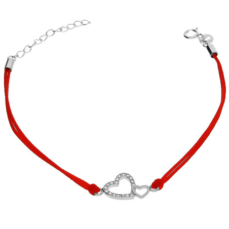 Bransoleta srebrna serce z cyrkoniami i małe serce na czerwonym sznurku PW NEW 291 ROD czerwony próba 925
