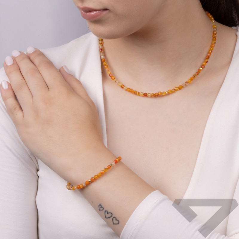 Naszyjnik pozłacany z rodonitami i kulkami AT H008 rodonit orange próba 925