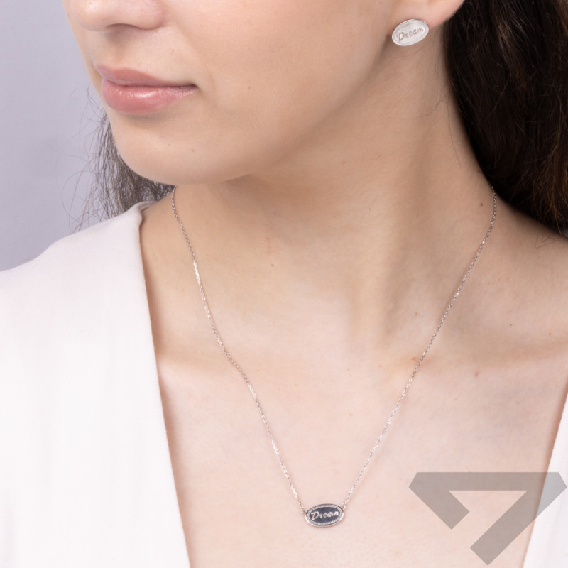 Komplet srebrny kolczyki i naszyjnik owal z napisem DREAM  JA1117 ROD próba 925