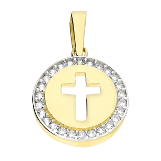 Krzyżyk złoty krzyżyk wycięty w kole z cyrkoniami próba 375