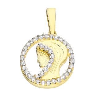 Medalik złoty Główka Matki Boskiej w kole z cyrkoniami próba 375