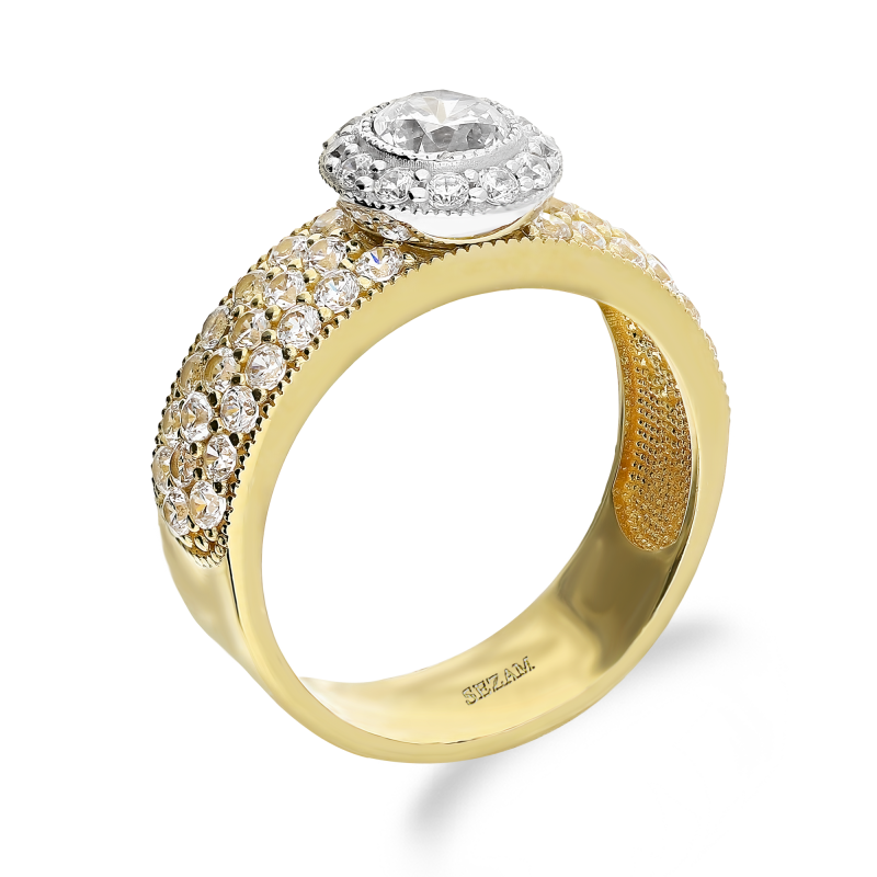 Pierścionek złoty z okrągłym zdobieniem i cyrkoniami w szynie MZ T23-R-741-YW-CZ próba 585