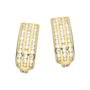 Kolczyki złote trzy rzędy białych cyrkonii