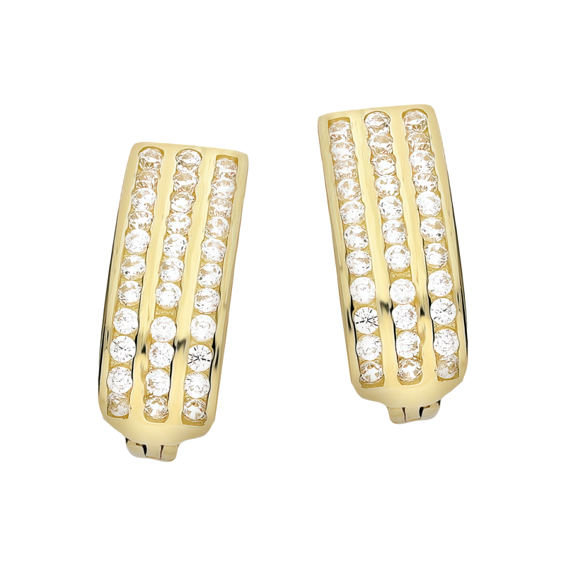 Kolczyki złote trzy rzędy białych cyrkonii