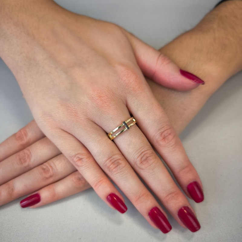 Pierścionek złoty podwójny z czarnymi diamentami KB 101-10069 BLACK próba 585