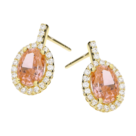 Kolczyki złote z jasno-różową owalną cyrkonią markiza