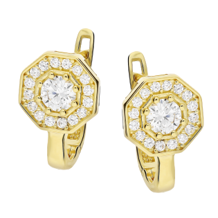 Kolczyki złote ośmiokąt z białymi cyrkoniami angielskie zapięcie