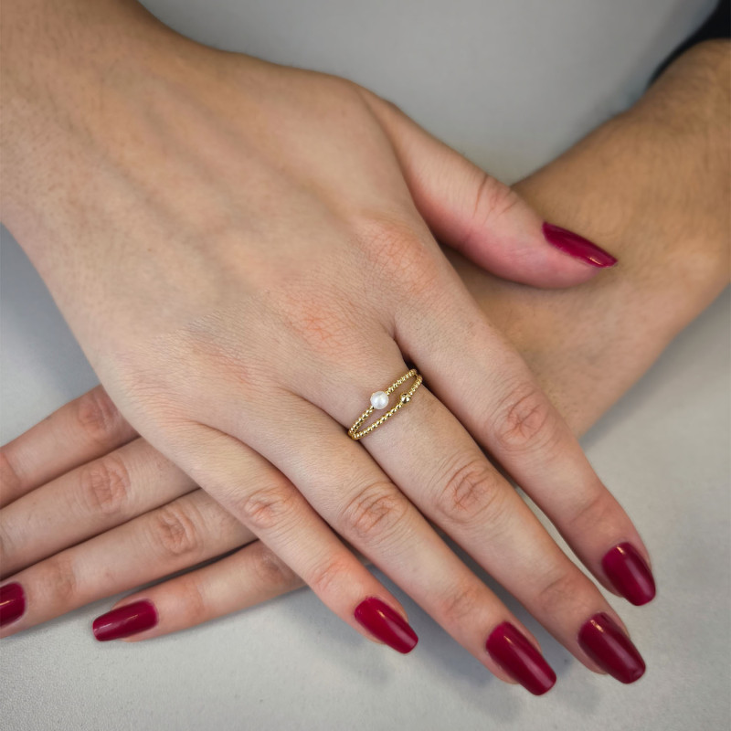 Pierścionek złoty z białą perłą i kulką na szynie bead MZ T23-R-747-PRL próba 375